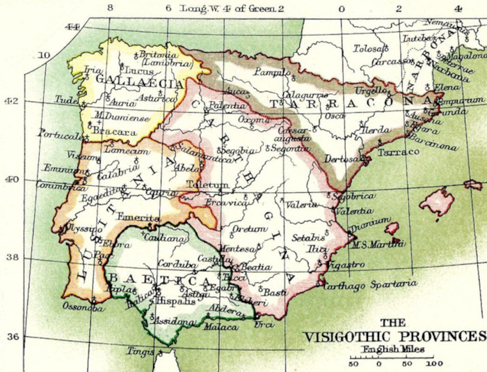 Map of the Iberian Peninsula and Visigothic provinces around 710 AD.