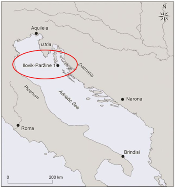 Map showing the location of the wreck Ilovik-Paržine 1 