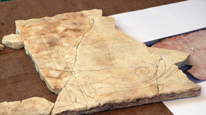 A relief panel carved in Afyon marble featuring the Egyptian sphinx-god Tutu, discovered in the Roman bathhouse at Sagalassos, Turkey