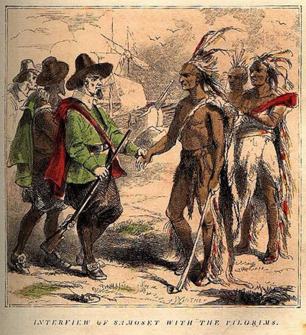 Interview of Samoset with the Pilgrims, 1853 illustration