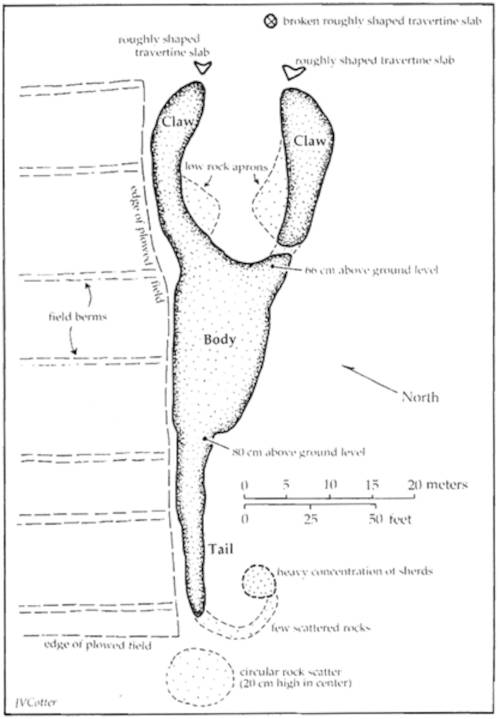 A detailed scale drawing of the scorpion mound showing its distinctive features