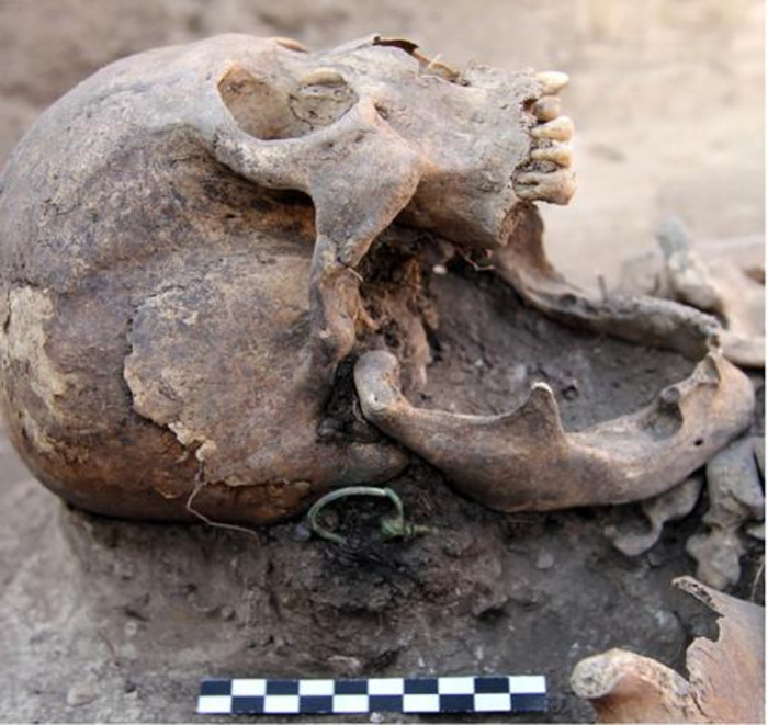 The woman was buried with gold earrings, horse gear and skin, and a newborn child