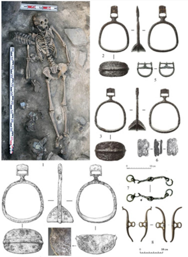 The burial, and images of the ornamental stirrup found in the grave.