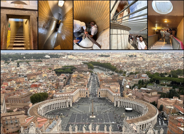 Montage of views climbing and descending the 551 stairs between the two domes, including the prize view from the top of the entire city