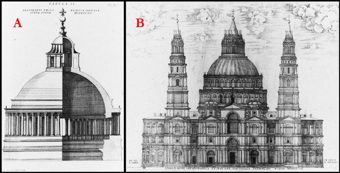 A) the first design for the dome of St. Peter’s by Bramante, B) another design for the new St. Peter’s by Antonio da Sangallo the Younger, ultimately rejected by Michelangelo