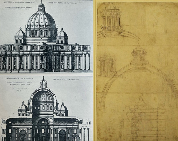 Left: Michelangelo’s designs for St. Peter’s, engravings by Etienne du Perac, 1569, from “Speculum Romanae Magnificentiae” (The Mirror of Roman Magnificence). It was rendered by Étienne du Pérac in 1569 and shows Michelangelo’s more hemispherical design around the time of the great artist’s death. Now in the MET. Right: Michelangelo, Studies (in black chalk) for the dome of St. Peter’s, Rome, circa 1550-60. Now in the Teylers Museum, Netherlands