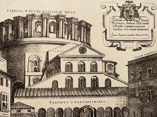 A view of St. Peter’s after Michelangelo’s death, but before the dome was raised.