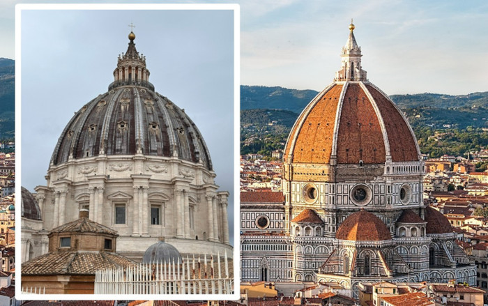 Comparing the dome of St. Peter’s (left, by author) with that of another dome that directly inspired Michelangelo, the Duomo in Florence (right),