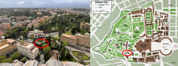 Photo and map of the location of the Vatican Mosaic Studio 