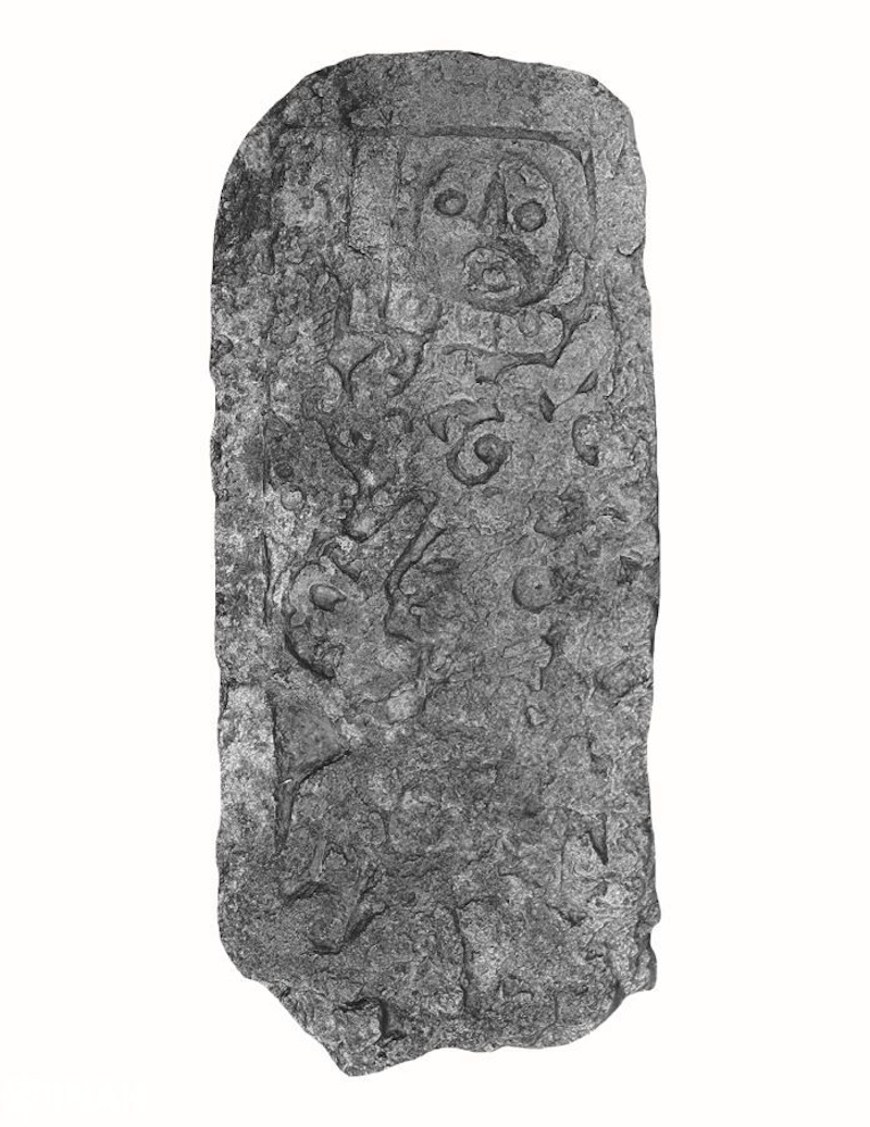 Stela 1, where a character wields a kind of knife or axe to decapitate an individual, the record of the date 5 ajaw, 849 A.D. is observed
