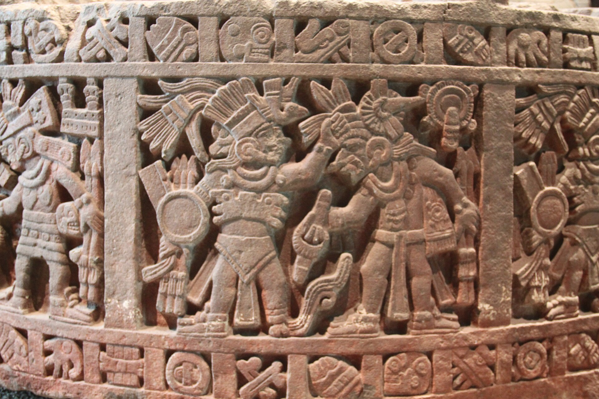 Stone cuauhxicalli associated with Motecuhzoma I, depicting one of a series of conquest scenes celebrating the expansion of the Mexica Empire