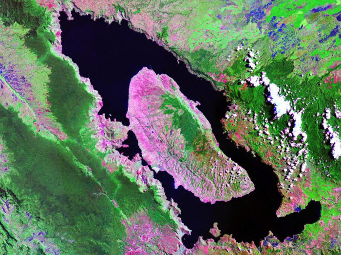 Aerial satellite view of the Toba caldera in Sumatra, Indonesia