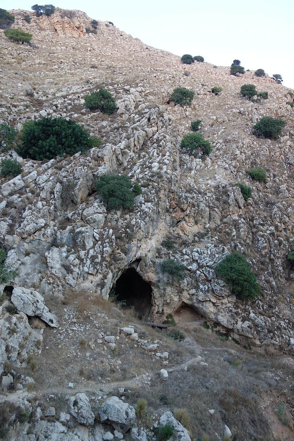The entrance to Qafzeh Cave near Nazareth, Israel. Excavations at this Middle Paleolithic site uncovered some of the earliest Homo sapiens fossils found outside Africa, including individuals showing evidence of intentional burial and healed traumatic injuries