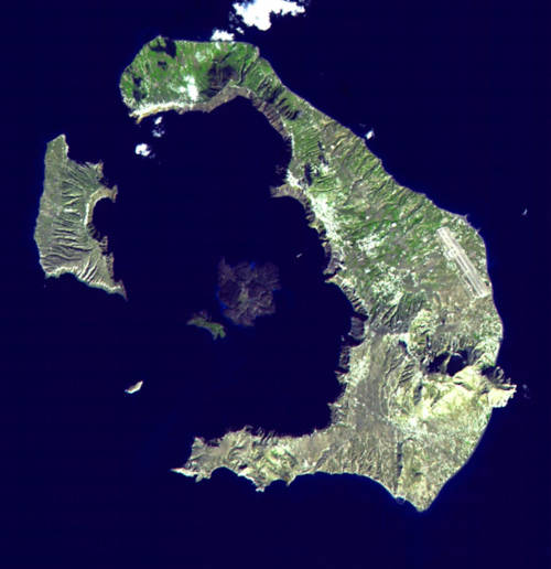 Santorini caldera aerial view of islands.