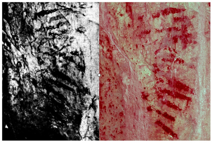 The painted panel pictured in 1913 (left) and D-Stretch filtered image in 2024.&nbsp;