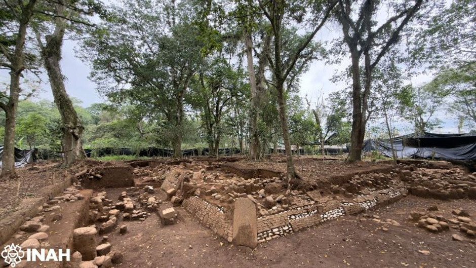 Wide view of the pre-Hispanic ceremonial platform excavated in Coatepec