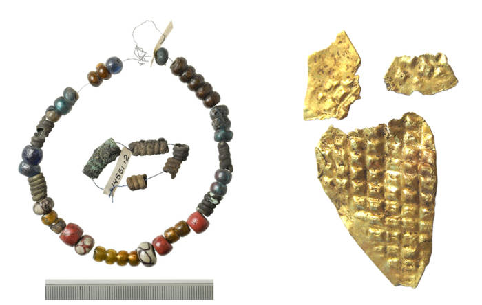 eautiful bead necklace and gold sheet recovered at the site.