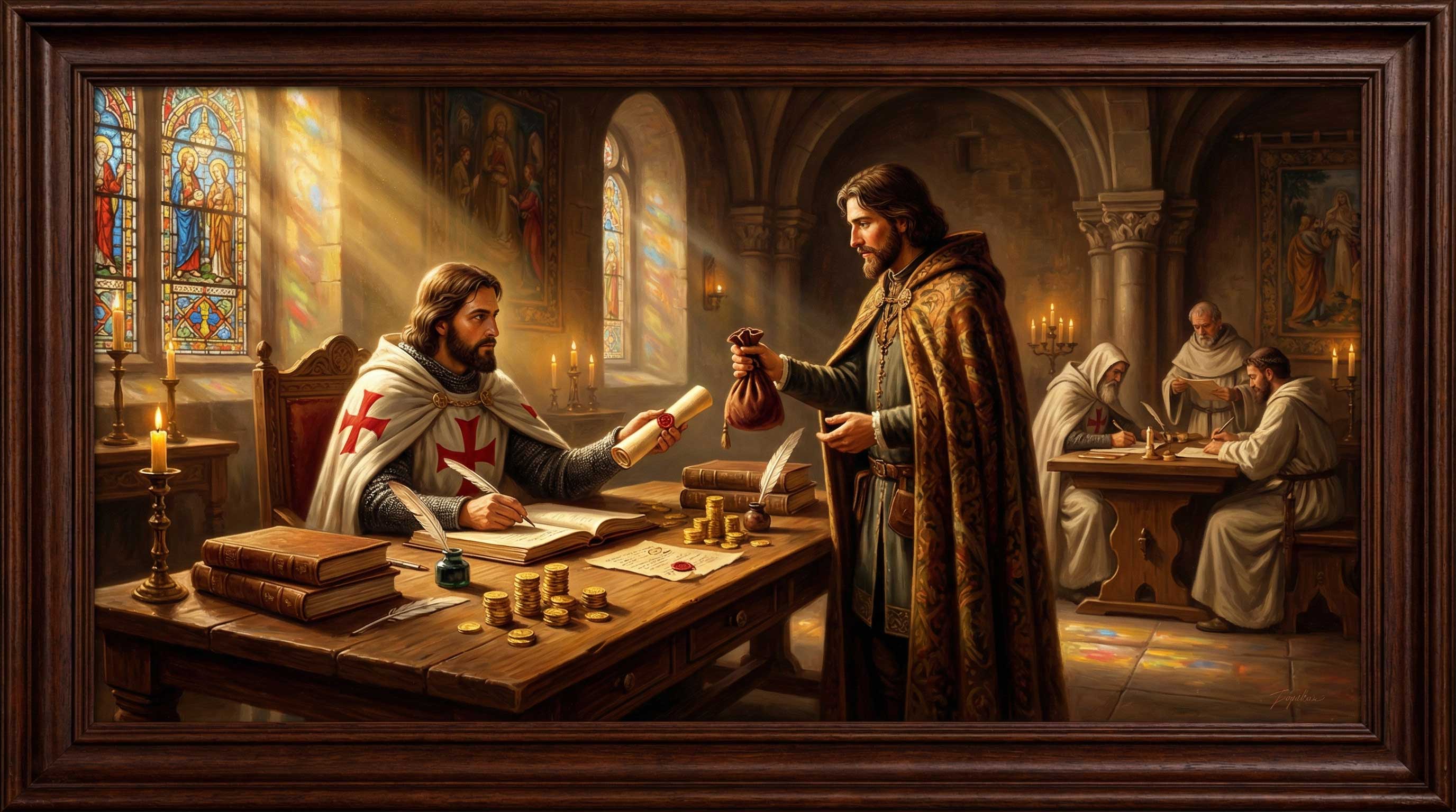 Inside a Templar commandery, a knight manages the order's vast financial network, the first of its kind in Europe. Original AI-generated image.