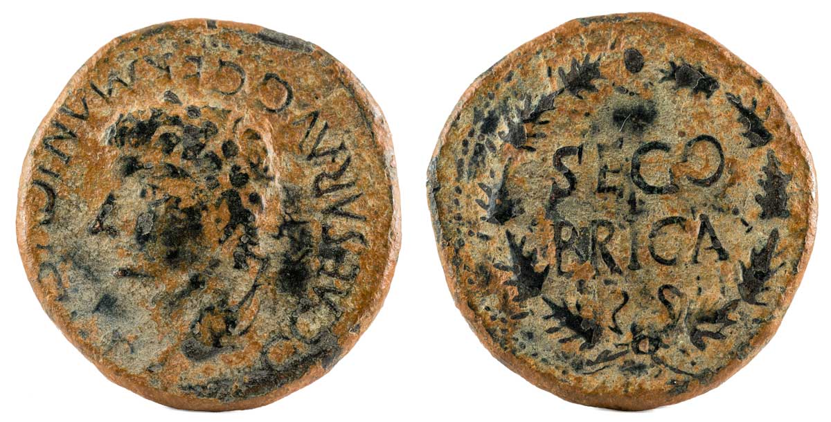 ncient Roman copper coin. As of Emperor Caligula. Coined in Segobriga