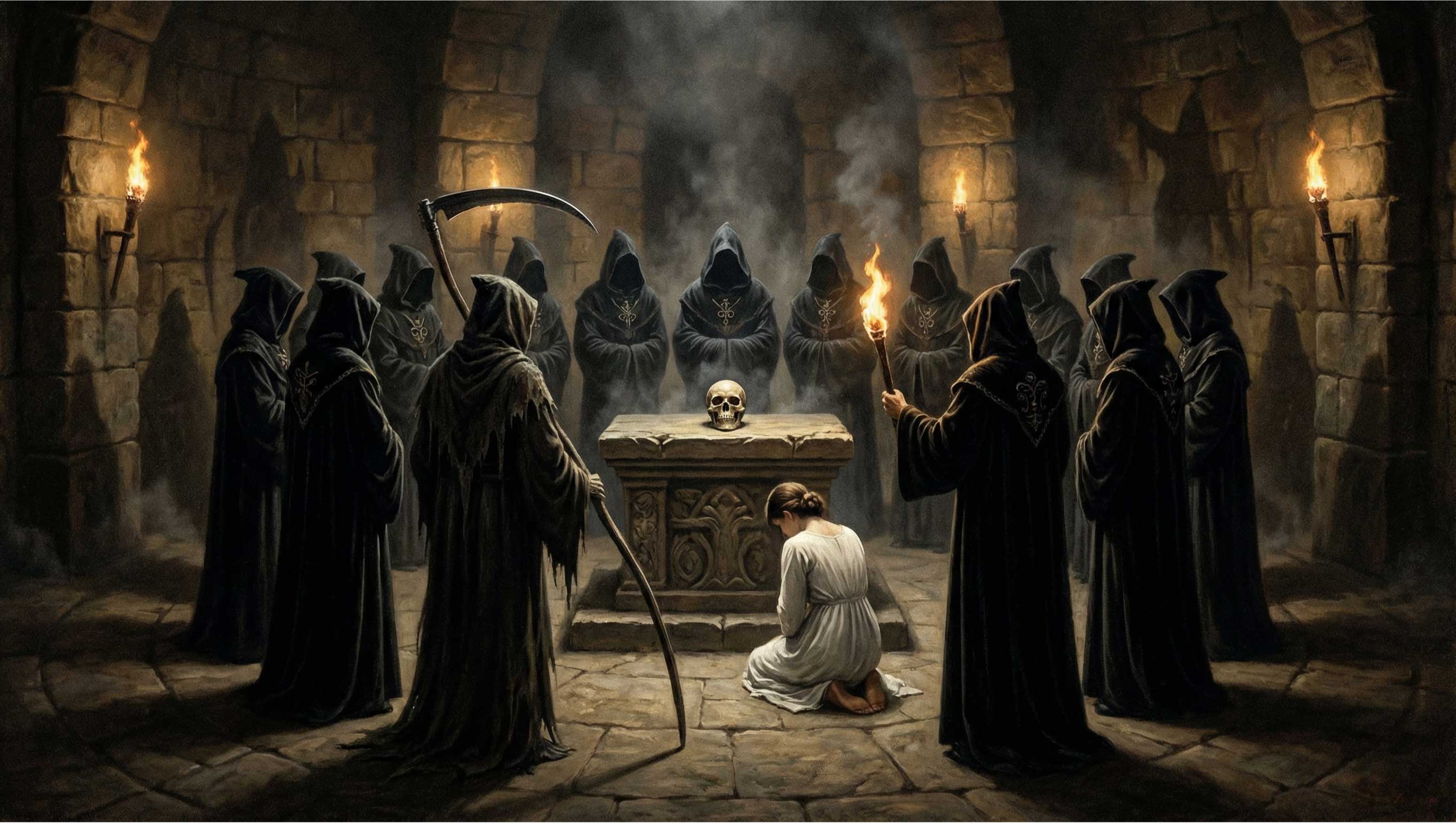 Μια καλλιτεχνική απεικόνιση της τελετουργίας μύησης που λάμβανε χώρα μέσα στον Τάφο, η οποία ήταν εμμονική με τον θάνατο, όπως περιγράφεται από αφηγήσεις αυτόπτων μαρτύρων.