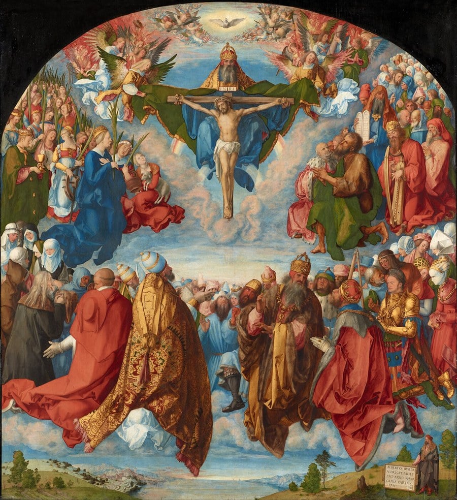 Renaissance altarpiece showing God the Father holding the crucified Christ beneath the dove of the Holy Spirit, surrounded by crowds of saints and believers in the sky above a landscape