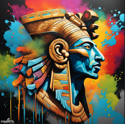 AI-generated image of a hypothetical Pharaoh Akhenaten in Mexican graffiti style