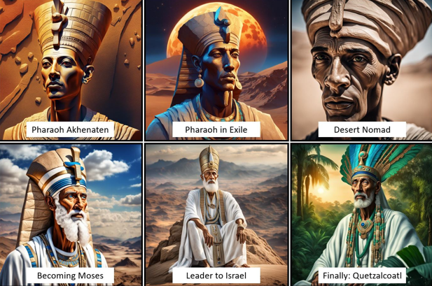 Six AI-generated images of the same person, Pharaoh Akhenaten, at six distinct stages of his life.