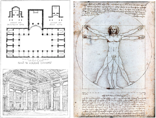 Historic diagram showing the basilica plan associated with Fano in editions of Vitruvius’ work. (Vitruvius the Ten Books on Architecture.djvu/Public domain) Right; “Vitruvian Man”