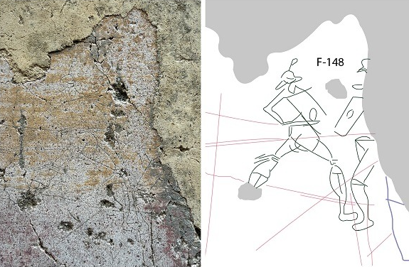 Images of gladiators fightibg on wall, with sketch.