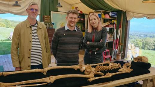 The skeleton was brought to the Digging for Britain tent to show presenter and anatomist Prof Alice Roberts