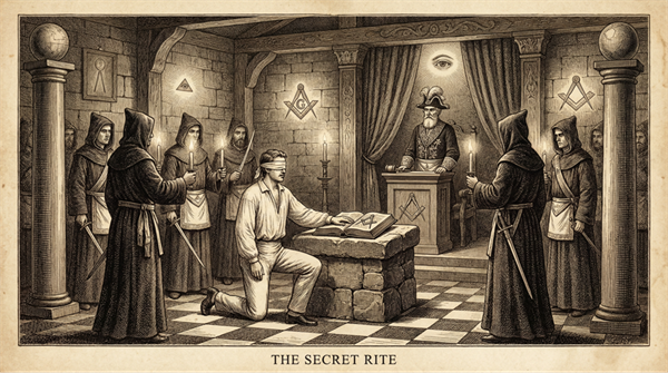 Title: A dramatic historical illustration in the style of a 19th century engraving, depicting a Masonic initiation ceremony. A blindfolded man in white shirt kneels at a stone altar in a dimly lit lodge room, his hand placed on an open Bible. Robed Masonic officers surround him holding swords and candles. The Worshipful Master stands at the head in formal regalia. The room is filled with Masonic symbols — the compass and square on the altar, columns, a checkerboard floor. Atmosphere is solemn, secretive, and ritualistic. Sepia-toned, detailed engraving style, dramatic candlelight, 19th century aesthetic. - Description: A dramatic historical illustration in the style of a 19th century engraving, depicting a Masonic initiation ceremony. A blindfolded man in white shirt kneels at a stone altar in a dimly lit lodge room, his hand placed on an open Bible. Robed Masonic officers surround him holding swords and candles. The Worshipful Master stands at the head in formal regalia. The room is filled with Masonic symbols — the compass and square on the altar, columns, a checkerboard floor. Atmosphere is solemn, secretive, and ritualistic. Sepia-toned, detailed engraving style, dramatic candlelight, 19th century aesthetic.