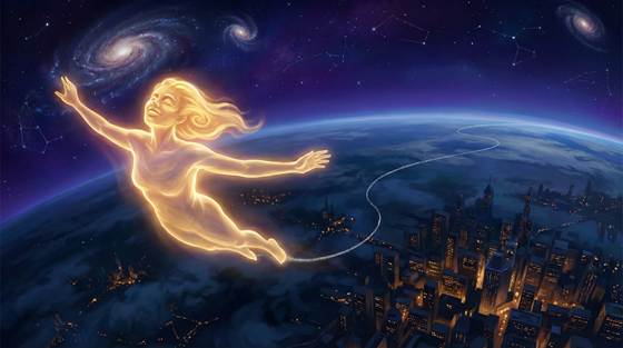 A luminous golden astral body soaring above a night city, silver cord trailing back to earth, galaxies above