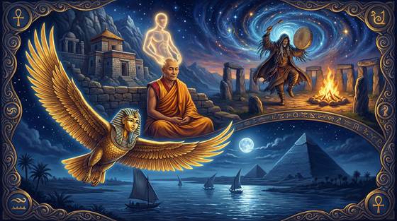 The Egyptian Ba-bird, a Tibetan monk, and a shamanic figure — soul flight across ancient civilisations