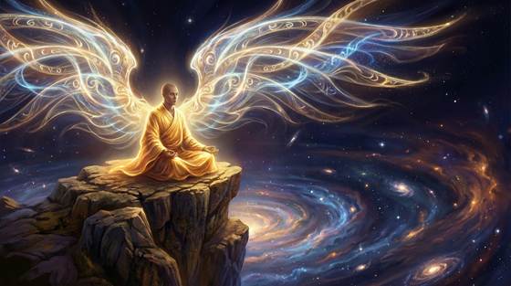 A meditating figure with luminous wings of consciousness unfurling, seated on a cosmic cliff overlooking a swirling universe