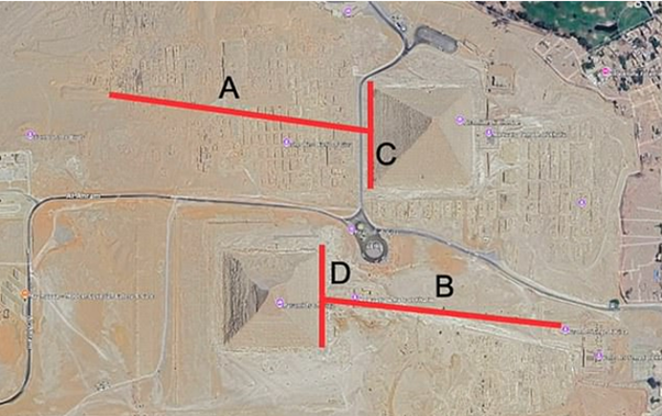 Scan from the Giza Plateau which Khafre Project researchers claim shows that a second sphinx lies beneath a sand dune where A is shown, adjacent to the Great Sphinx shown as B 