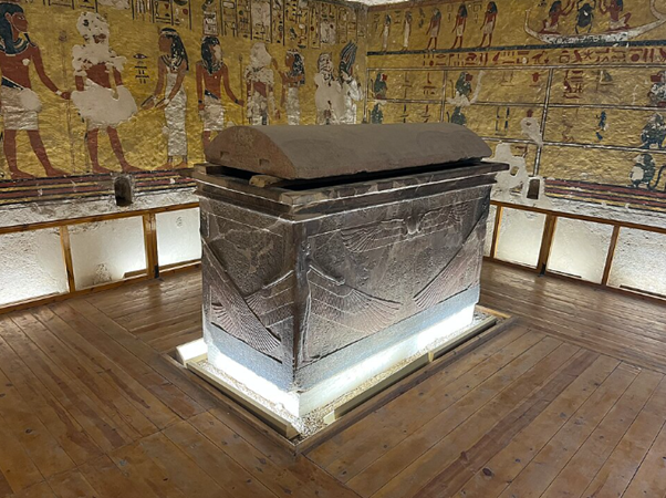 This is a view of the&nbsp;WV23 tomb burial chamber and restored sarcophagus of King&nbsp;Ay in the Western&nbsp;Valley of the Kings