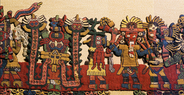 Nasca/Paracas-era mantle (100–300 AD) features ninety intricately needle-knitted figures along its border.