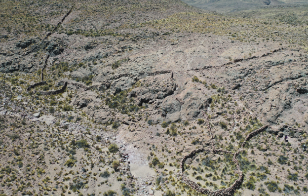 Aerial photograph of two chacu hunting traps.