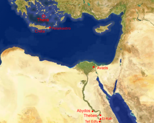The eastern Mediterranean region and Egypt, showing the location of the Thera (Santorini) and other places mentioned in the text. 