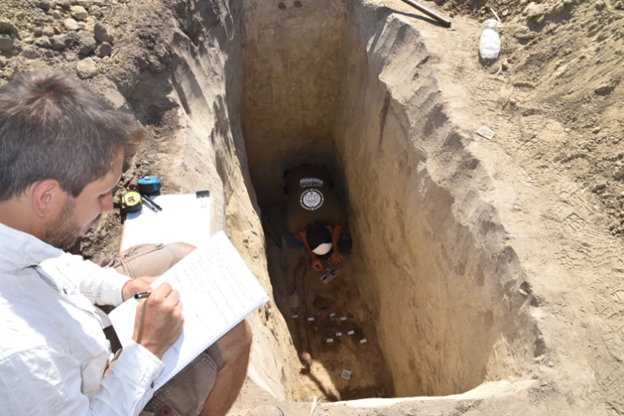 Excavation site of the 1,300-year-old Avar warrior tomb near Aba and Székesfehérvár, Hungary, showing the in-situ burial before artifact removal