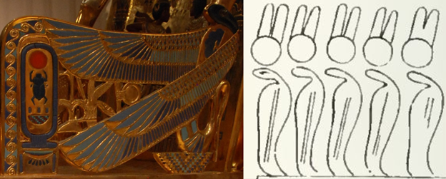 EFT: Detail of the side of Tutankhamun’s golden throne showing the winged cobra motif common in royal New Kingdom art of the time. By Yveke, 2009. RIGHT: The image of the uraeus (i.e. protective cobra of the king) 