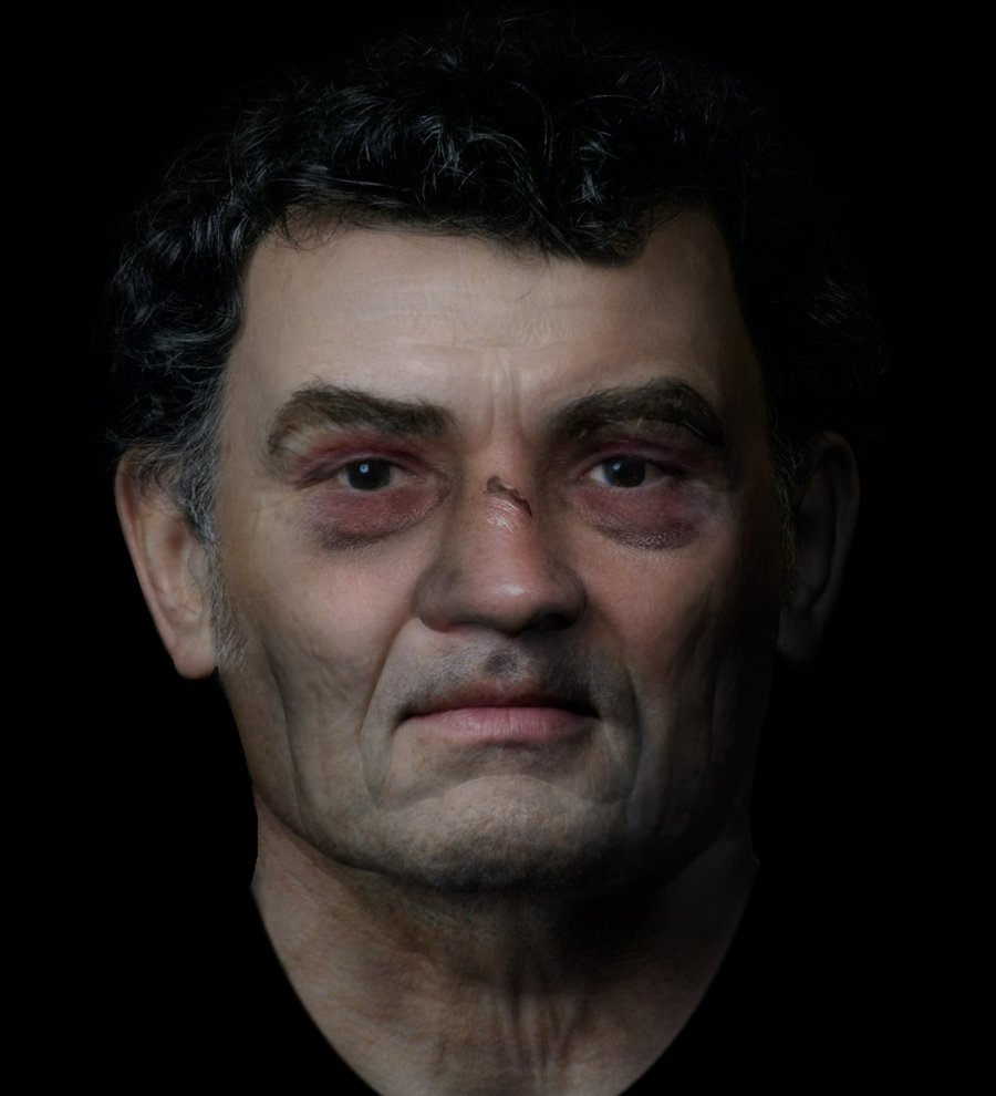 Digital reconstruction of a clean-shaven man with dark graying hair and bruising around the eyes