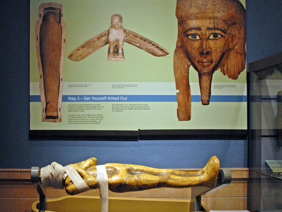 Museum panel about preparing a mummy above a model wrapped figure on a stand