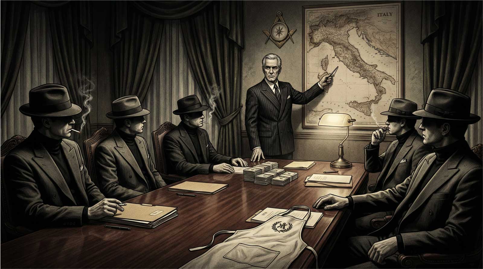 A depiction of the P2 lodge meeting, a shadow government operating within Italy
