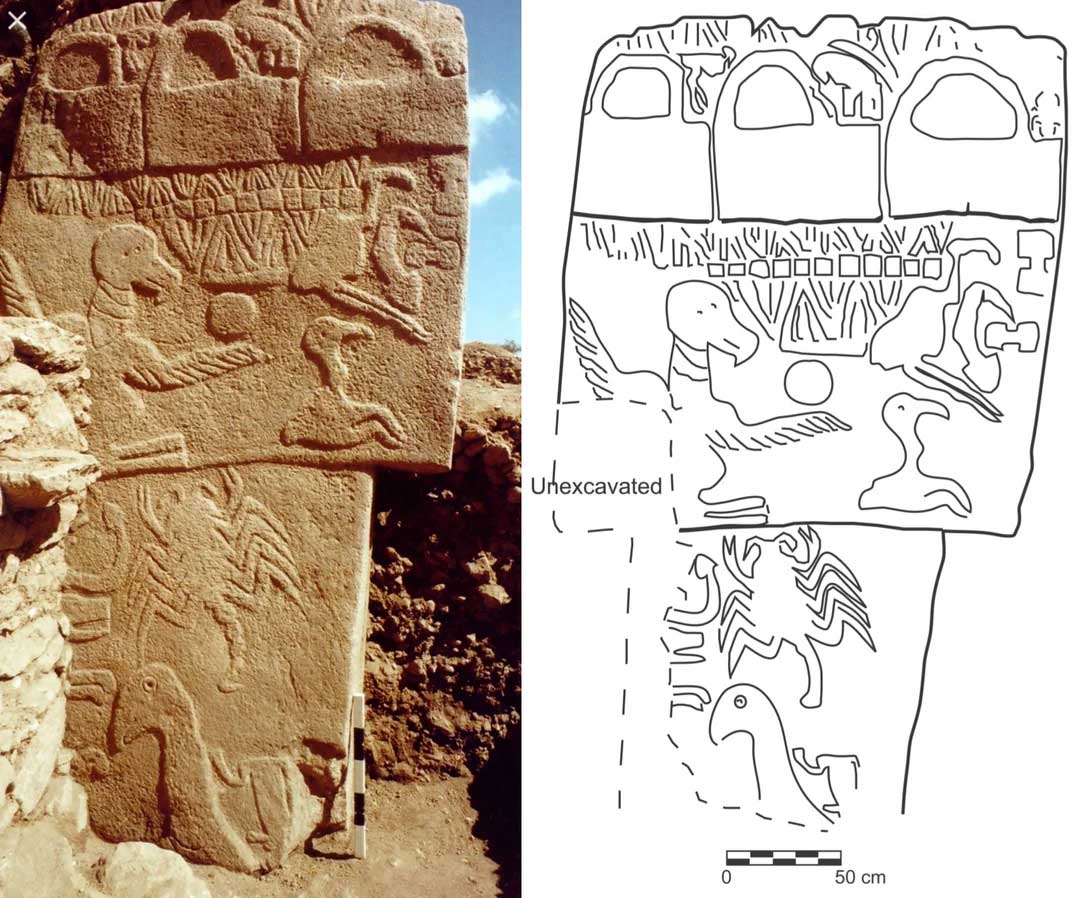 Pillar 43 at Göbekli Tepe featuring vulture and other animal carvings interpreted as cosmological symbols.