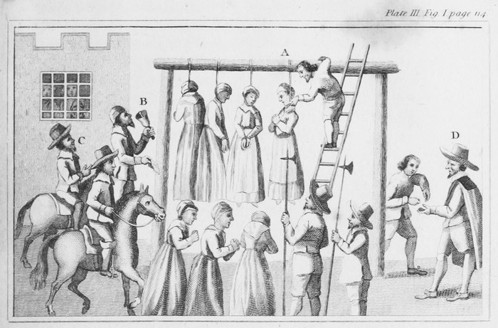 Engraving of four women hanging from a gallows with a hangman on a ladder, onlookers and riders around them