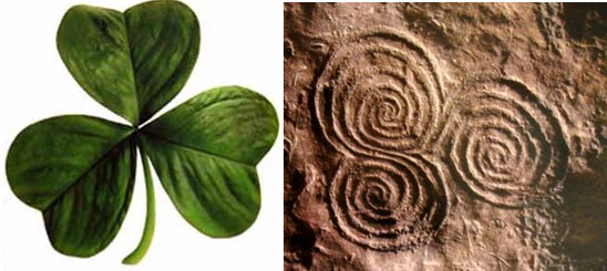 An Irish shamrock on the left, and the triple spiral symbol on the right.