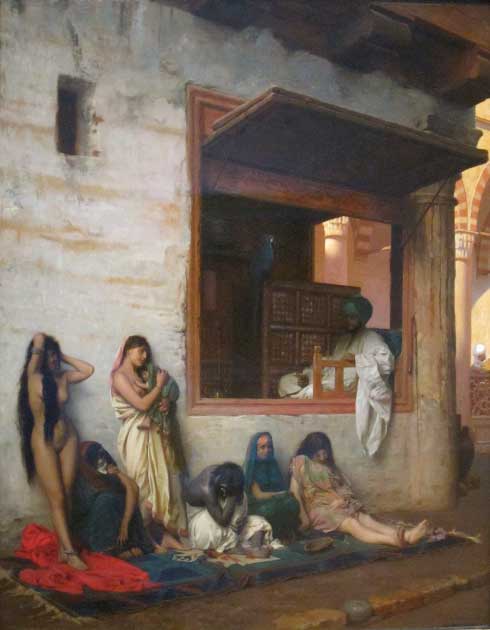 Women were frequently kidnapped and sold into slavery, or forced into sex work along the Silk Road. Oil painting of The Slave Market, by Jean-Léon Gérôme of Ottoman empire markets, 1871 (Public Domain)