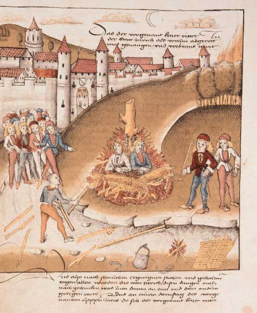 Vụ thiêu sống hiệp sĩ Richard Puller von Hohenburg cùng người hầu trước bức tường thành Zürich vì tội kê gian, khoảng năm 1483 (Public Domain)