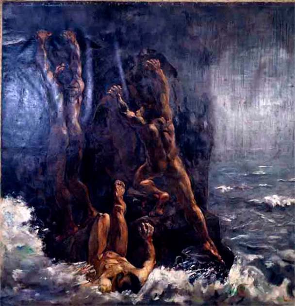 One well known world mythology is the Flood. A painting of “The Great Flood), by Lesser-Ury (1861-1931), depicts the “horror” of what the deluge of the Bible might have looked like. (Center for Jewish History, NYC / Wikimedia Commons)